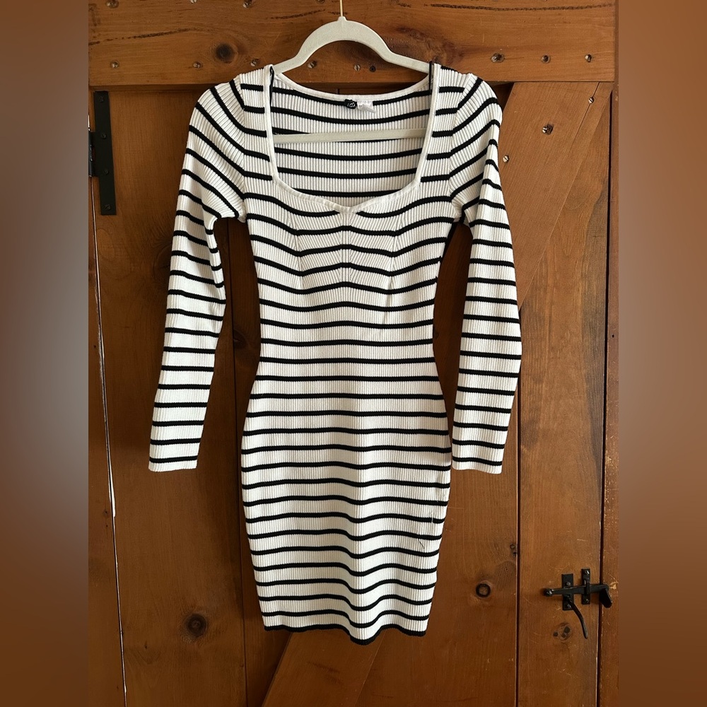 H&M Black & White Striped Ribbed Bodycon Dress Sz S